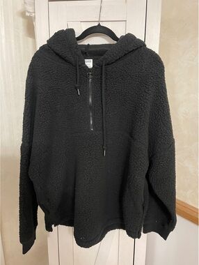 Victoria's Secret PINK Varsity Sherpa Half-Zip Pullover Hoodie in pure black.